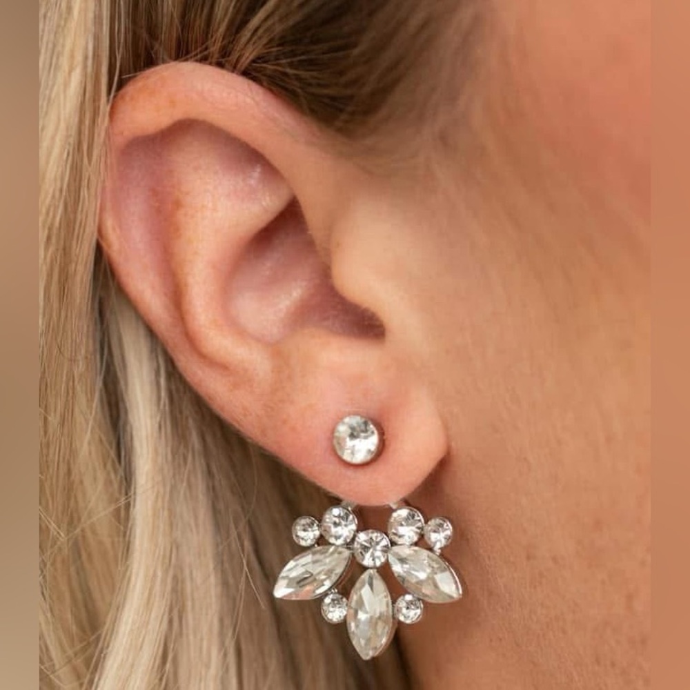 Glamorous silver and sparkling rhinestone ear jacket earrings